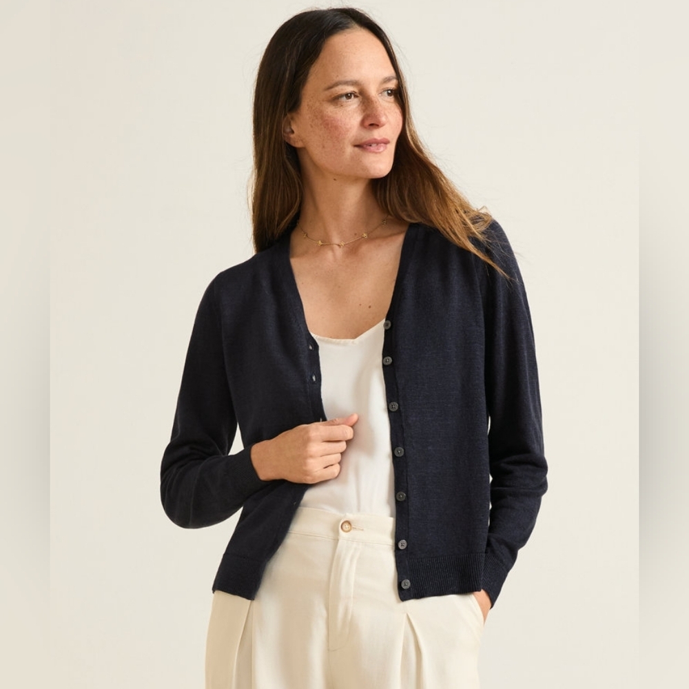 Garnet Hill Linen Essential Cardigan In Navy Blue Size Medium